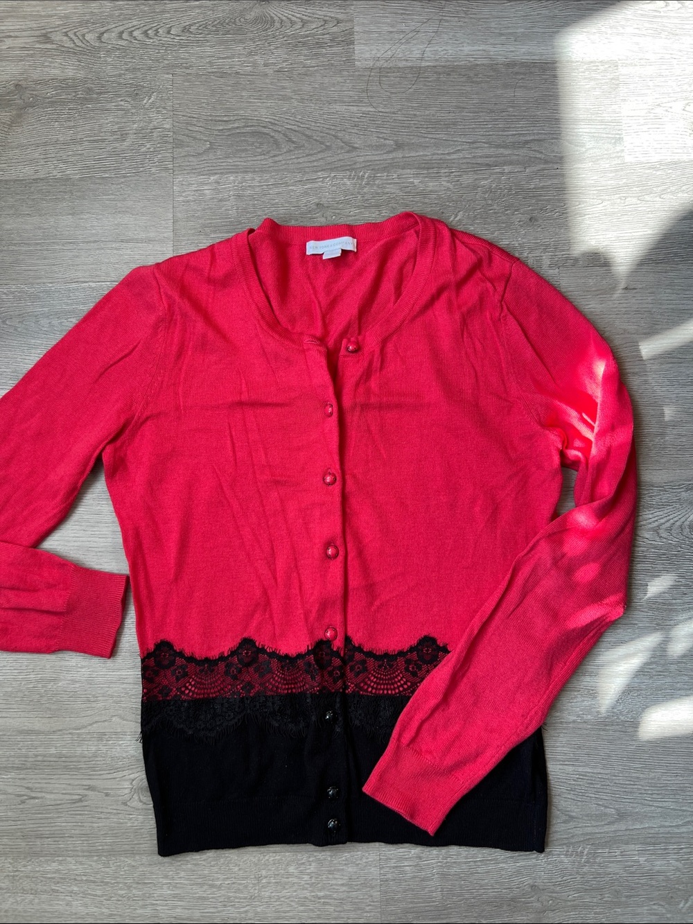 New York & Company Pink and Black Lace-Trim Button Cardigan